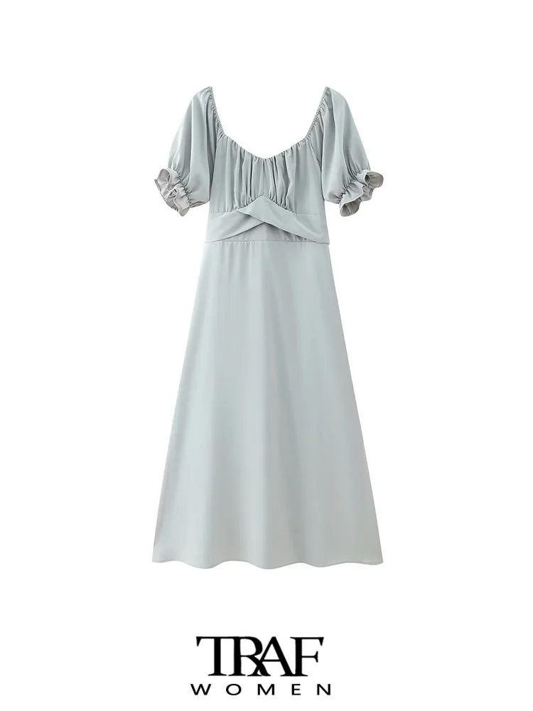 

TRAF Women Fashion With Belt Pleated Midi Dress Vintage Short Sleeve Back Zipper Female Dresses Vestidos Mujer