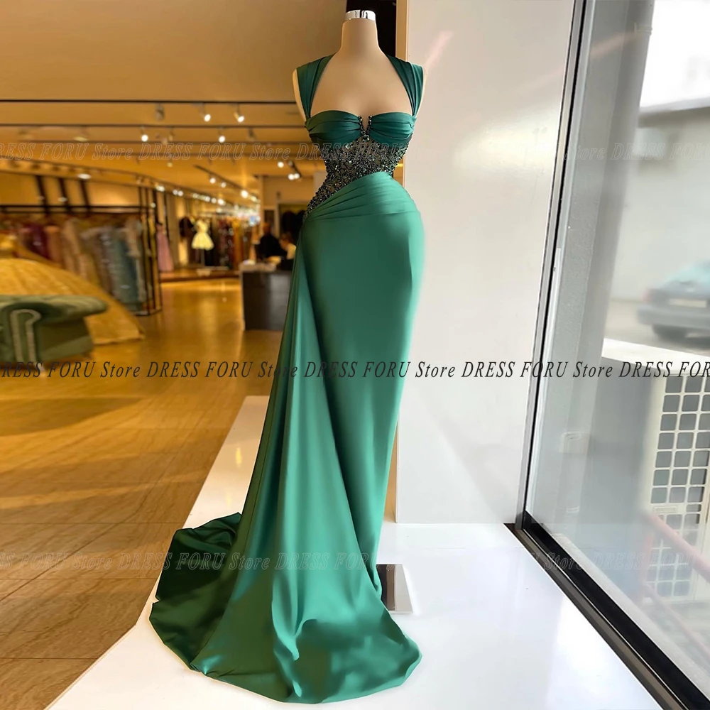 

Pmwrun Green Satin Mermaid Prom Dresses Cap Sleeve Sequin Beach Side Sweep Train Charming Celebrity Party Gown For Woman Fiesta