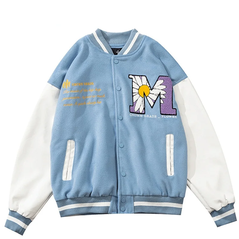 

Men's Jacket Street Style Leather Baseball Suit Oversized Baseball Suit Stitching Letters, Flowers and Daisies, Oversized,