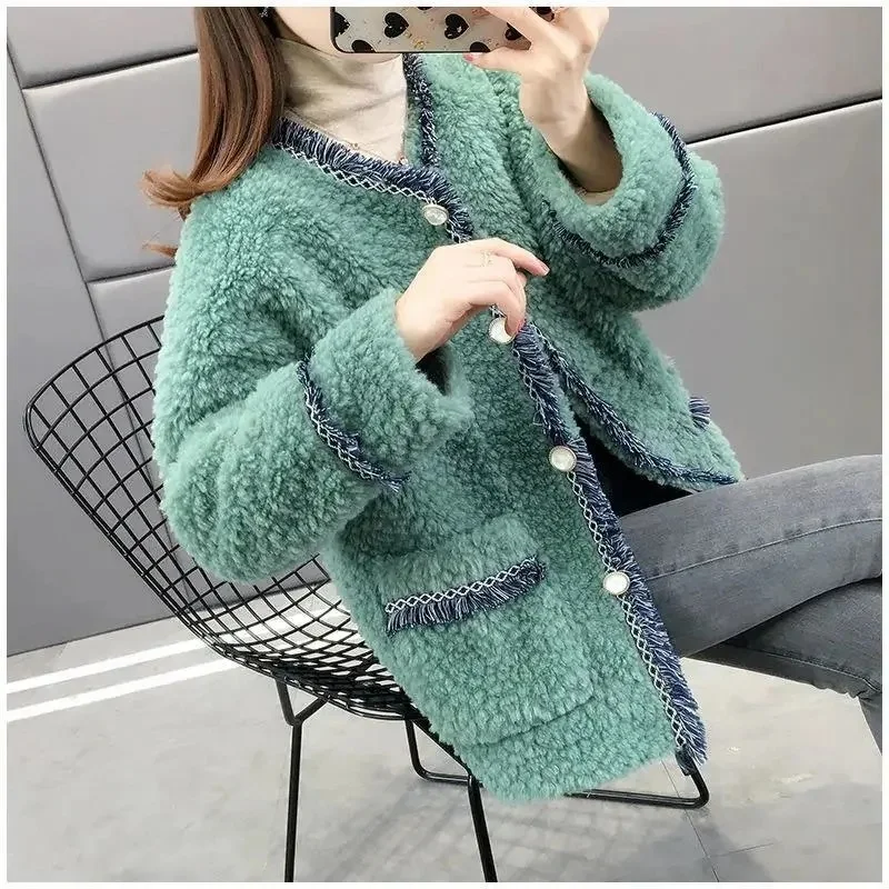 

Thicken Plus Velvet Faux lamb Wool Women 2023 Autumn Winter Coat New Ladies O-Neck Jacket Imitation Lambswool Outerwear Female