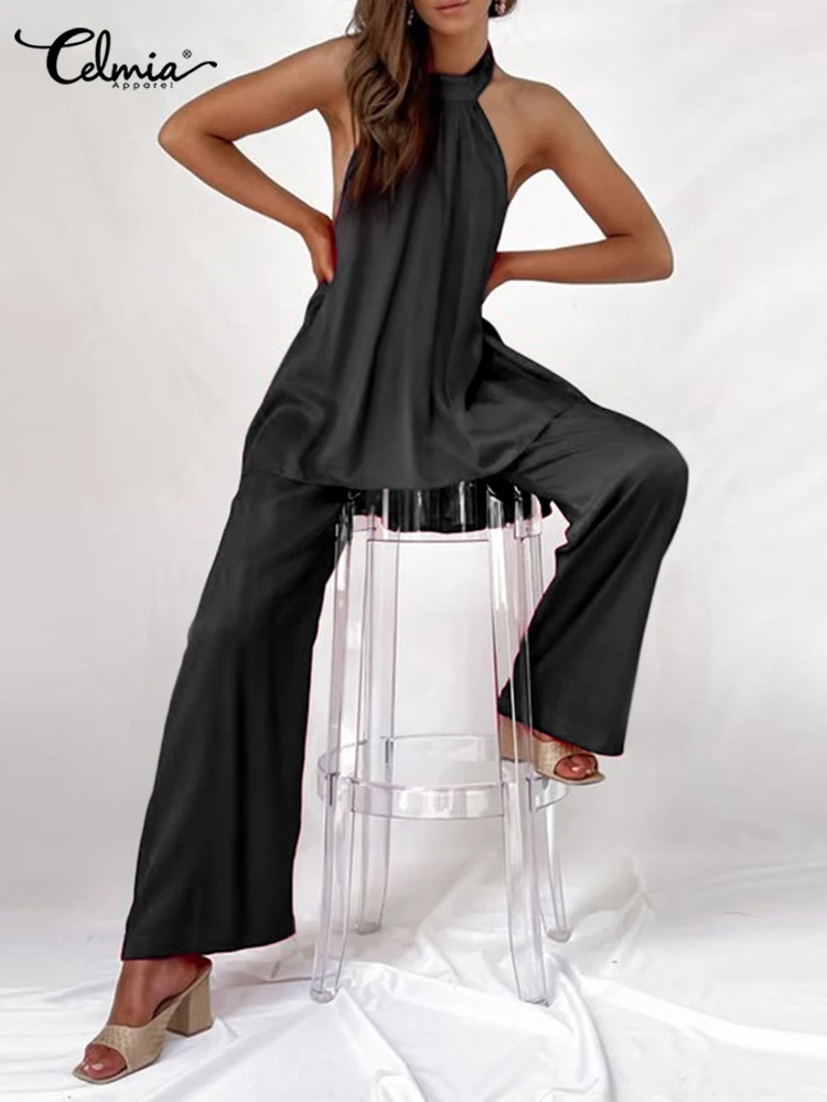 

Celmia Satin Streetwear Pant Sets Casual Women Summer Sexy 2 pcs Sets Sleeveless Halter Backless Tank Tops Wide Leg Long Trouser