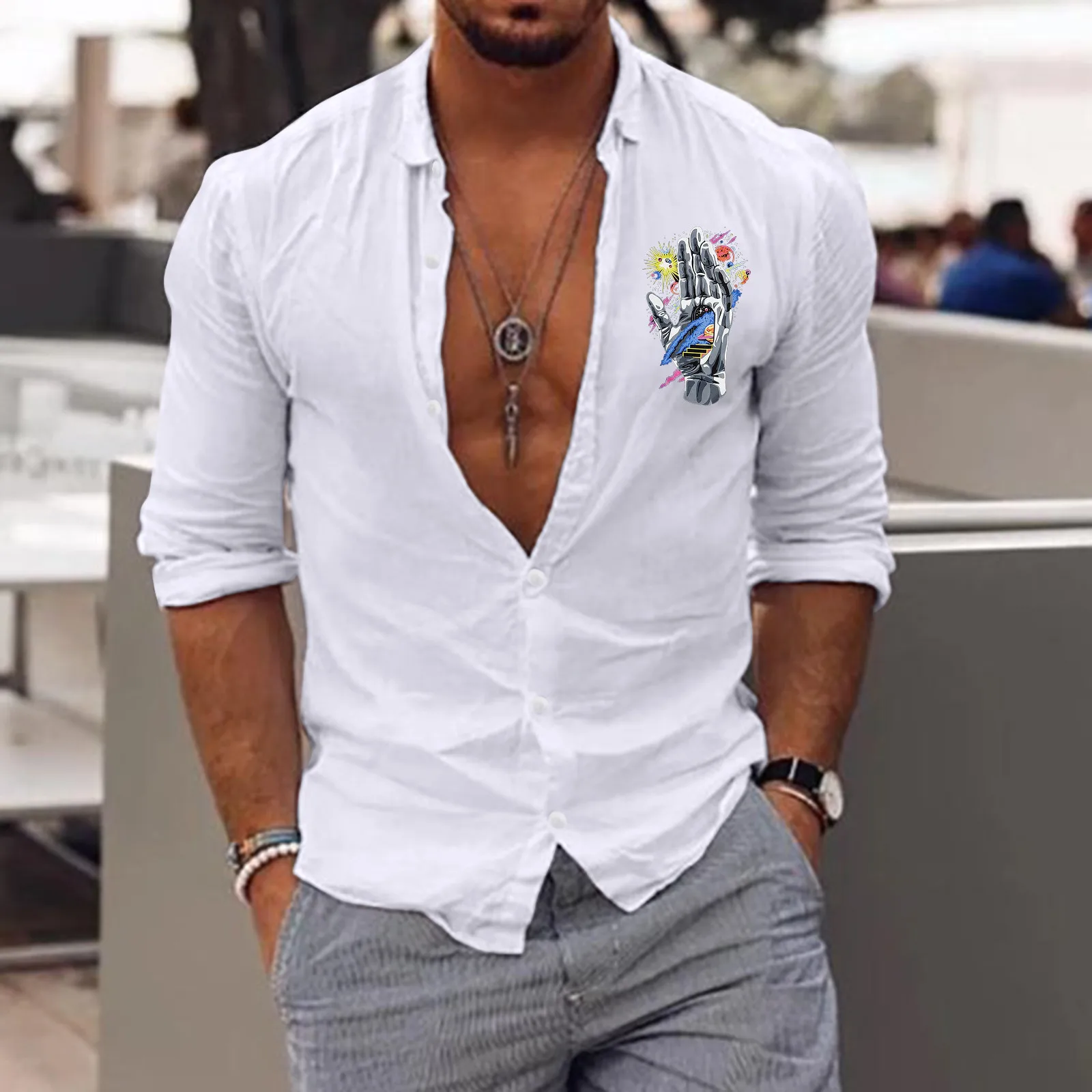 

Men Long Sleeve Autumn Winter Casual Printed Shirts Fashion Top Blouse Shirts Turn down Collar Dress