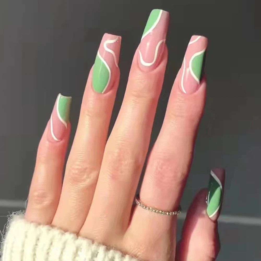 

24pcs Glossy Pink Green False Nail Wavy Line Long Fake Nail For Women Girl Artificial Nail Art Fake Nail Pieces Full Cover