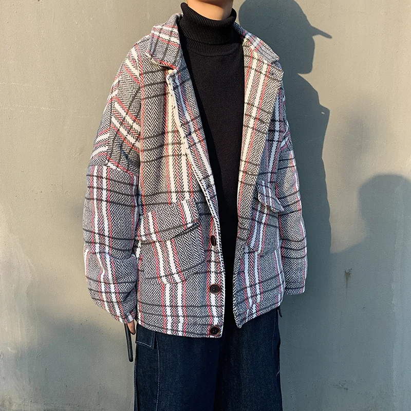 

YASUGUOJI Korean Fashion Plaid Winter Thicken Coat Men Retro Wool Liner Warm Jacket Men Sinlge Breasted Loose Mens Overcoats