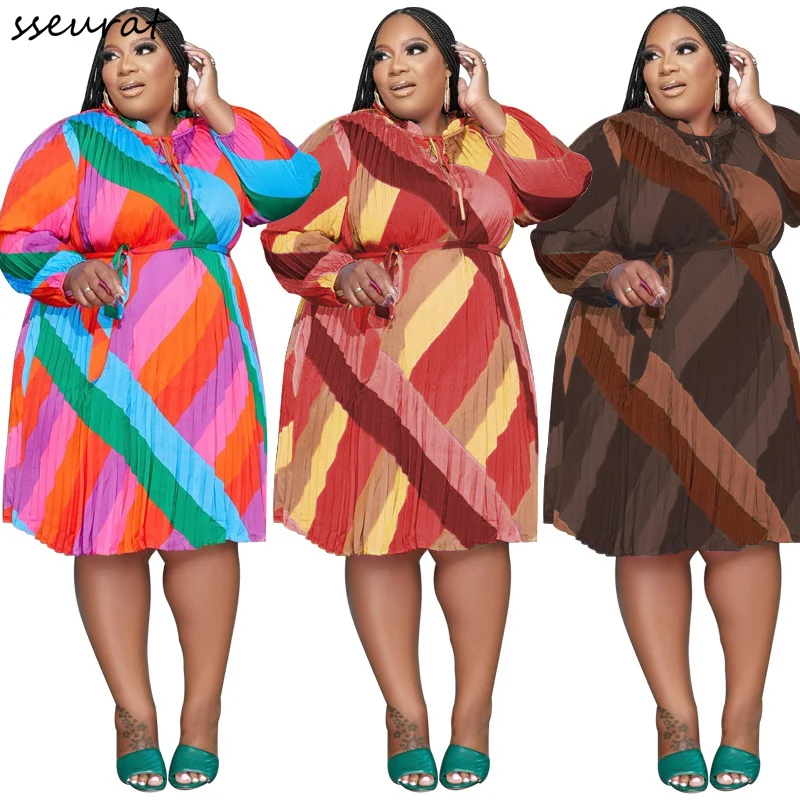 

Women Plus Size Dress Print Full Sleeve Pleated Loose Dresses with Bandage Sashes Casual Outfits Vestidos 2022