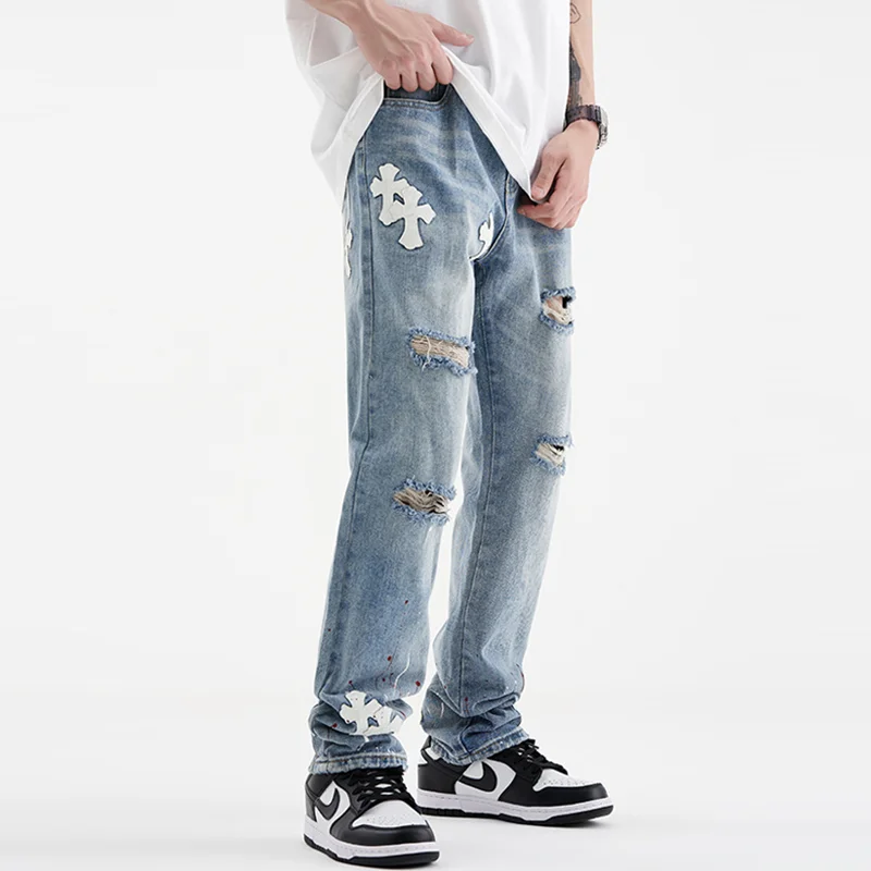 Streetwear Men 2022 New Pasting Cloth Cross Pattern Recreational Light Blue Jeans Loose Straight Cylinder Trousers Autumn Female