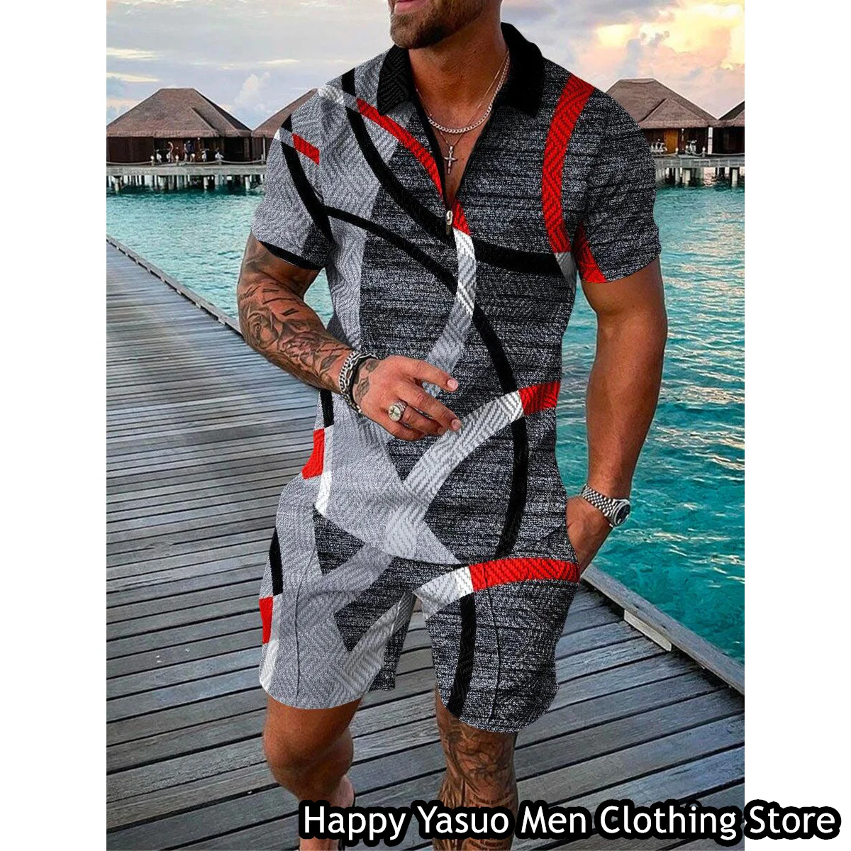 Summer Men Fashion Tracksuit 2 Pieces Solid Striped Printing Polo Shirt Shorts Set Male Casual Outfit Beach Style Clothing