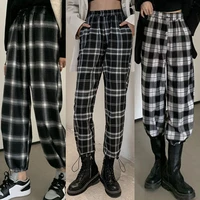 plaid pants korean style women high waist streetwear loose straight trousers summer harajuku casual chic wide leg sweatpants