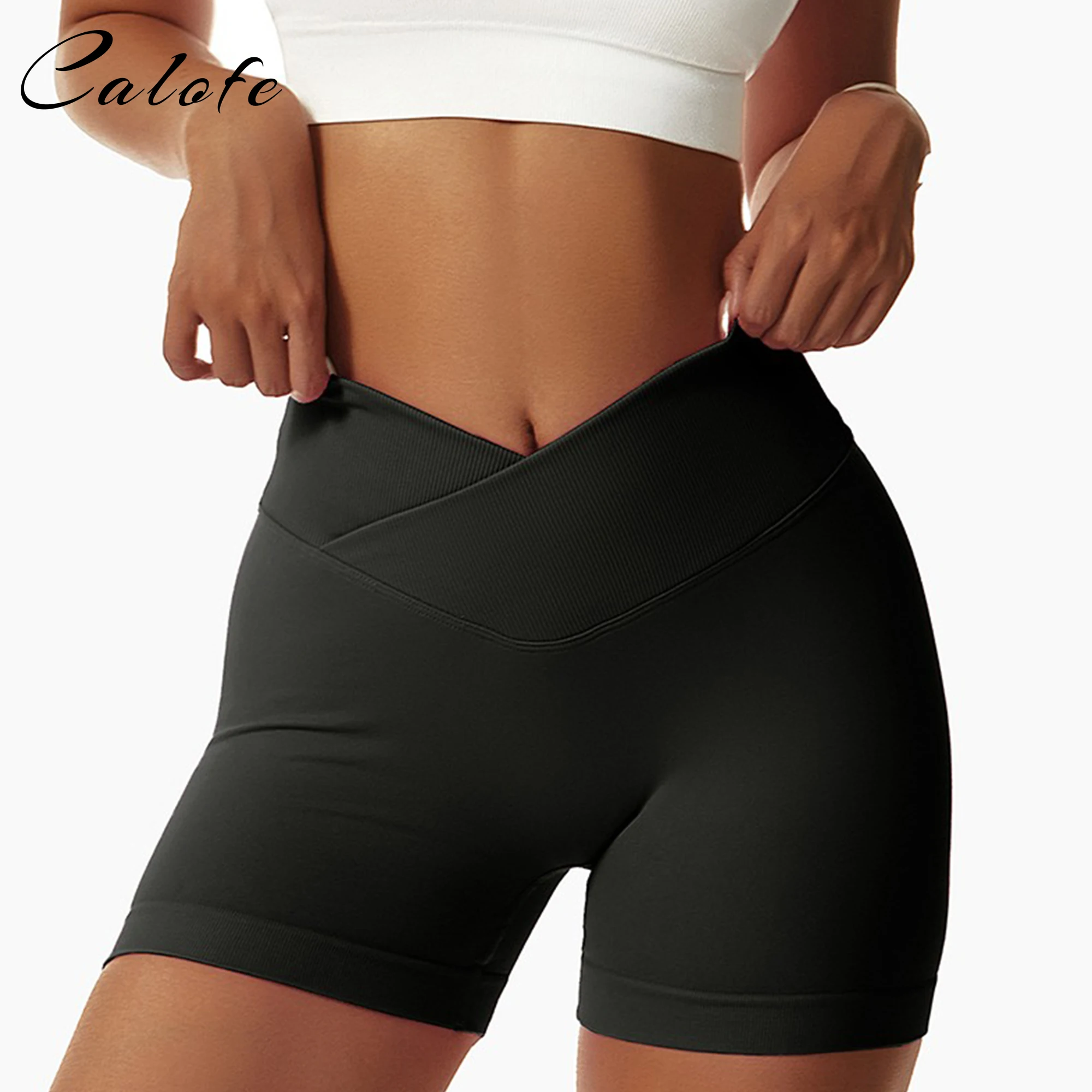 

Sports Shorts Women High Waist Workout Seamless Fitness Yoga Shorts Scrunch Butt Gym Leggings Cross Waist Pocket Yoga Pants