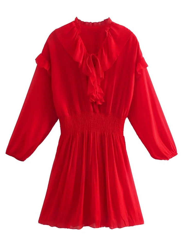 

TRAF Women 2022 Fashion Red With Ruffles Mini Dress Vintage Long Sleeve Elastic Waist Female Dresses Vestidos Streetwear