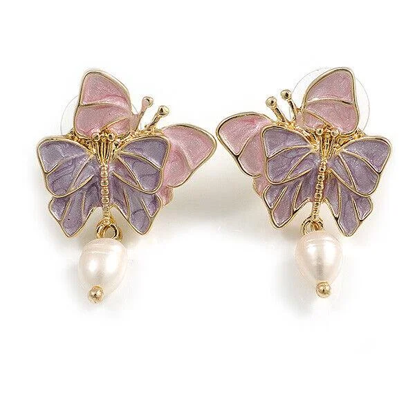 Accessories for Women Pink Lavender Enamel Double Butterfly Dangling Pearl Bead Stud Earrings for Women Wedding Party Jewelry