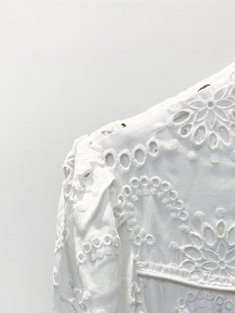 2023 Summer New Ladies Long-Sleeved Short Robe with Buttons Women Embroidery Hollow Out Elegant Temperament White Dress