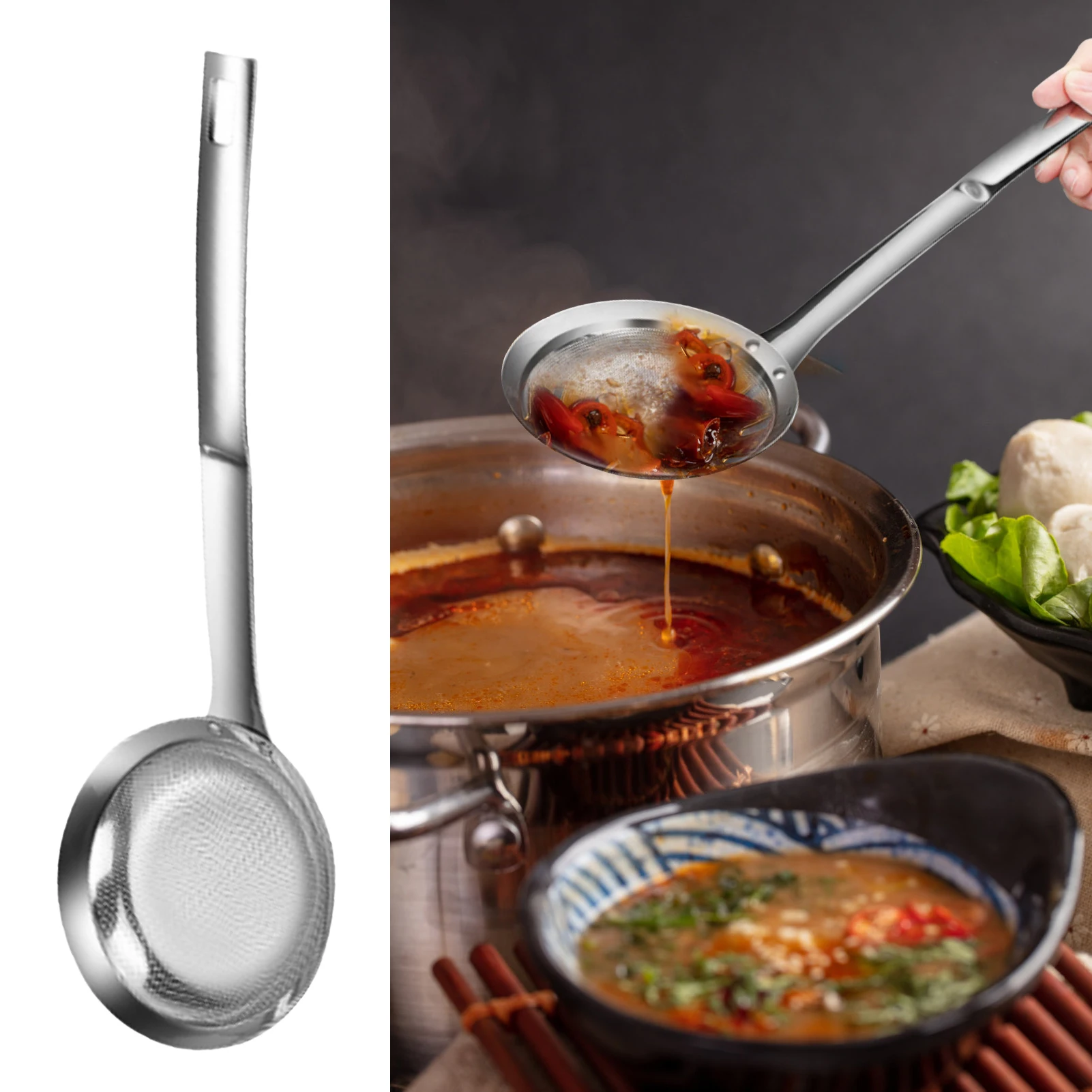 

Пищевые фильтры ложка-скиммер прочная многофункциональная сетчатая сетка из нержавеющей стали с нескользящей тепловой комфортной ручкой-C