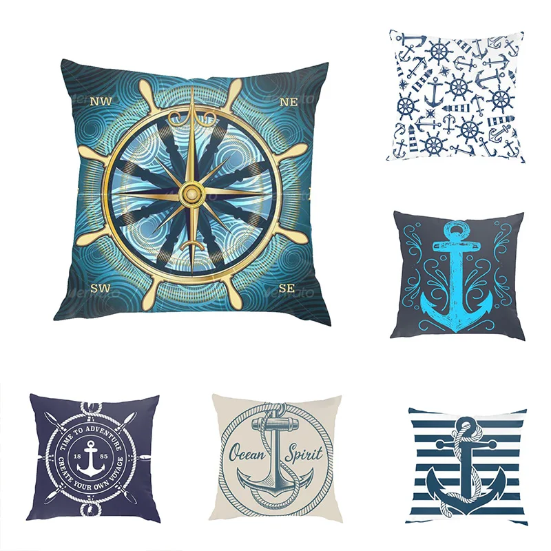 

Compass Anchor Party Peach Skin Pillowcase Cover Blue Mediterranean Cushion Cover Car Sofa Office Decor Accessories Ornament