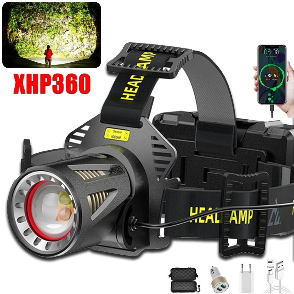 

Sensor Outdoor Emergency Headlamp Bank Head Power Flashlight Waterproof Zoomable Fishing Headlight Rechargeable
