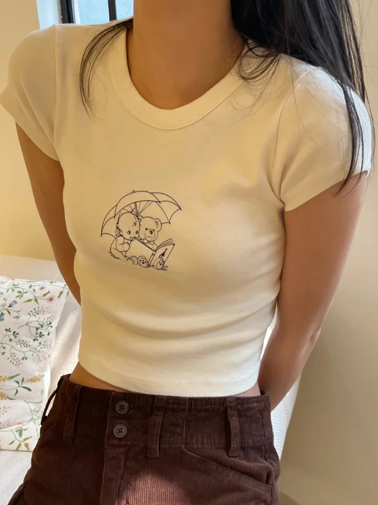Футболка женская с круглым вырезом, милый облегающий топ из мягкого хлопка с мультяшным принтом ангела, уличная одежда Y2k, лето 2023