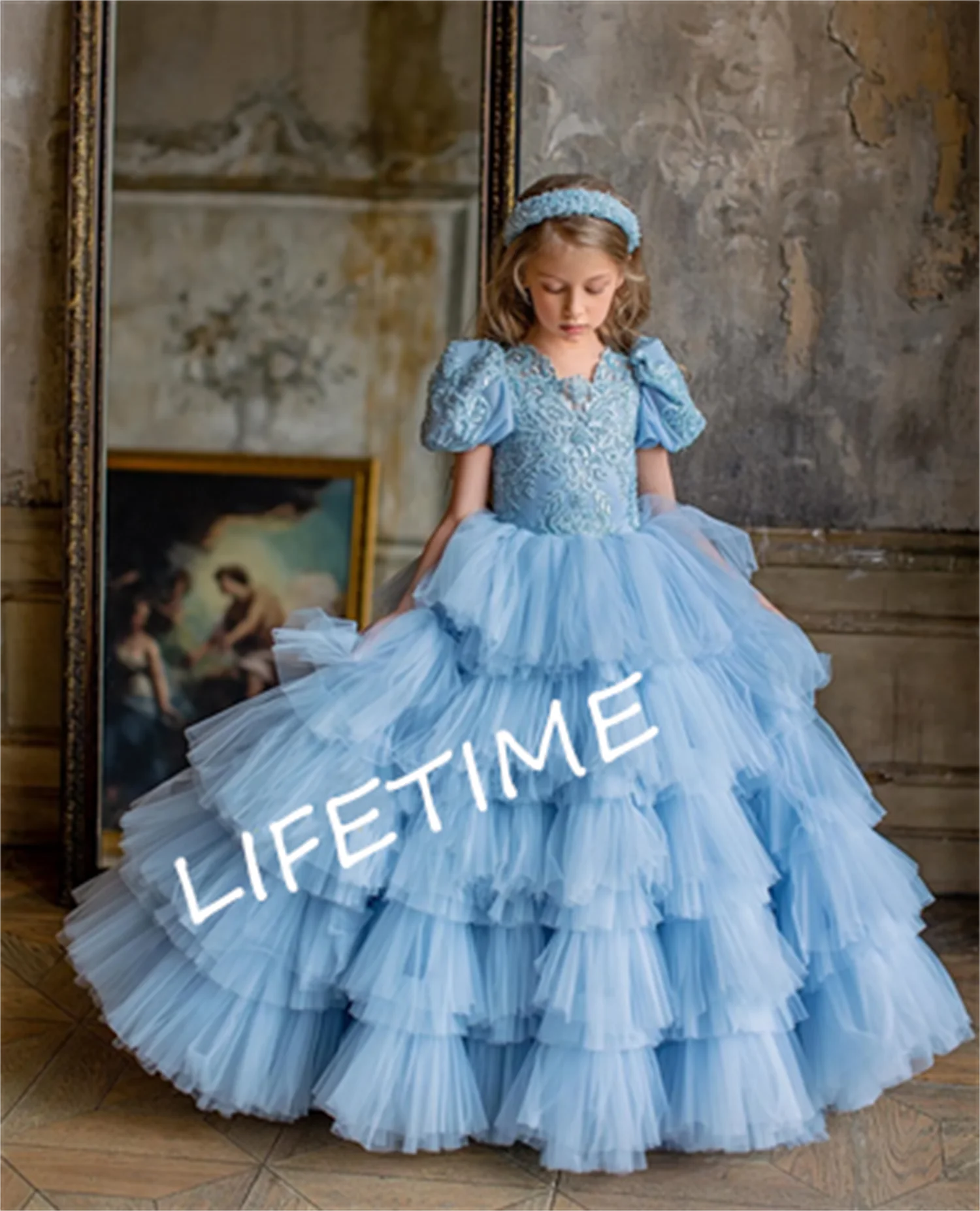 

Новое поступление, небесно-голубое платье с цветочным рисунком для свадьбы, искусственное платье принцессы, платье для первого причастия