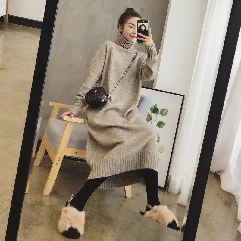 

Vintage Loose Thick Autumn Winter Turtleneck Knitting Sweater Midi Dress Women Long Sleeve Maxi Dress Oversize Clothing U1429