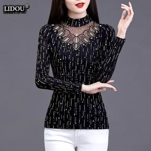 Office Lady Skinny Long Sleeved Spring Autumn Hollow Out Polka Dot Retro Hot Selling Turtleneck T-sh