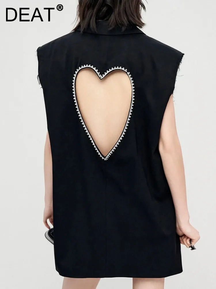 

DEAT Fashion Women's Waistcoat Notched Collar Sleeveless Back Love Rhinestone Hollow Out Outwear Vest Summer 2023 New 17A9346
