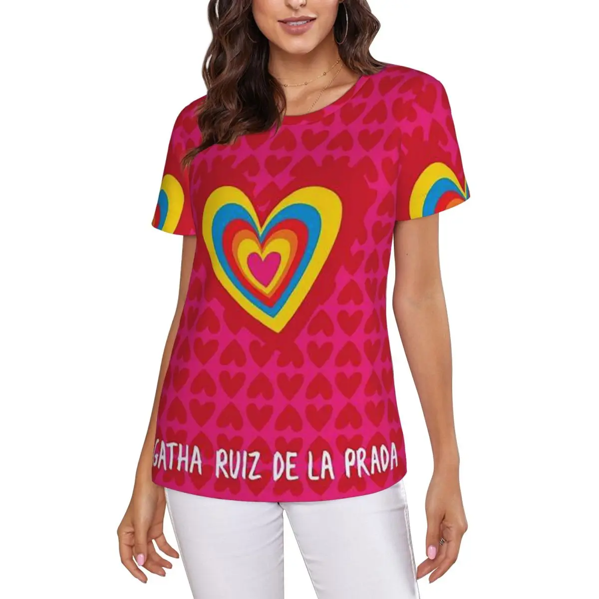 Фото Футболка с узором Agatha Ruiz-De La-Prada, женские футболки с короткими рукавами, одежда с круглым вырезом, хлопковые летние футболки, уличная одежда №2