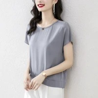 o neck chiffon women clothing short sleeve 2022 summer korean fashion shirts for office lady blue color pullover casual blouses