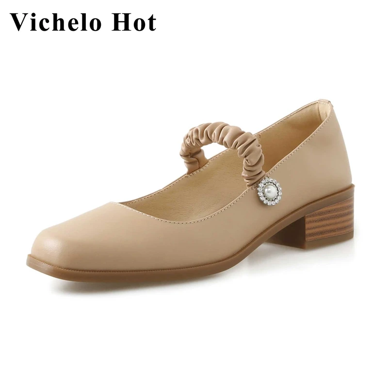 Vichelo Hot cow split leather square toe med heel pearl decorations pleated Korean street beauty girls dating women pumps L19