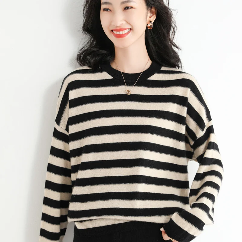 

Autumn and Winter Women Cashmere Wool Blended Sweater Classic O-neck Striped Pullover Warm Loose Knit Bottoming Coat Ladies