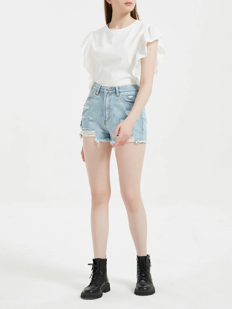 Summer Women Vintage Hole Frayed Blue Denim Shorts Streetwear Female High Waist Button Loose Jeans Shorts Bottoms