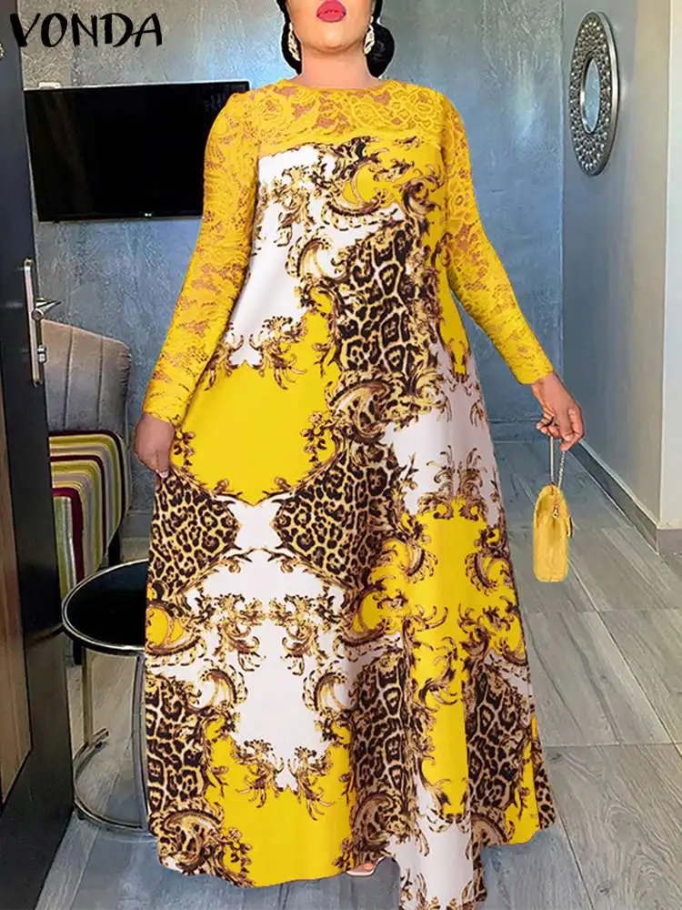 

Summer Elegant Sundress VONDA 2023 Bohemian Printed Sexy Maxi Dress Women Casual Loose Lace Patchwork Long Sleeve Party Robe