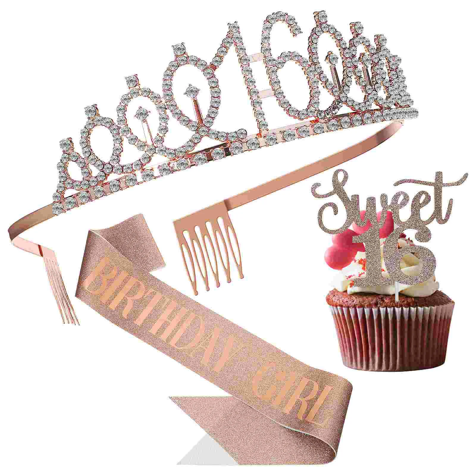 

Birthday Party Decorations Set Sweet 16 Ornaments Contains Crown Cake Decorating Topper Sash for Women
