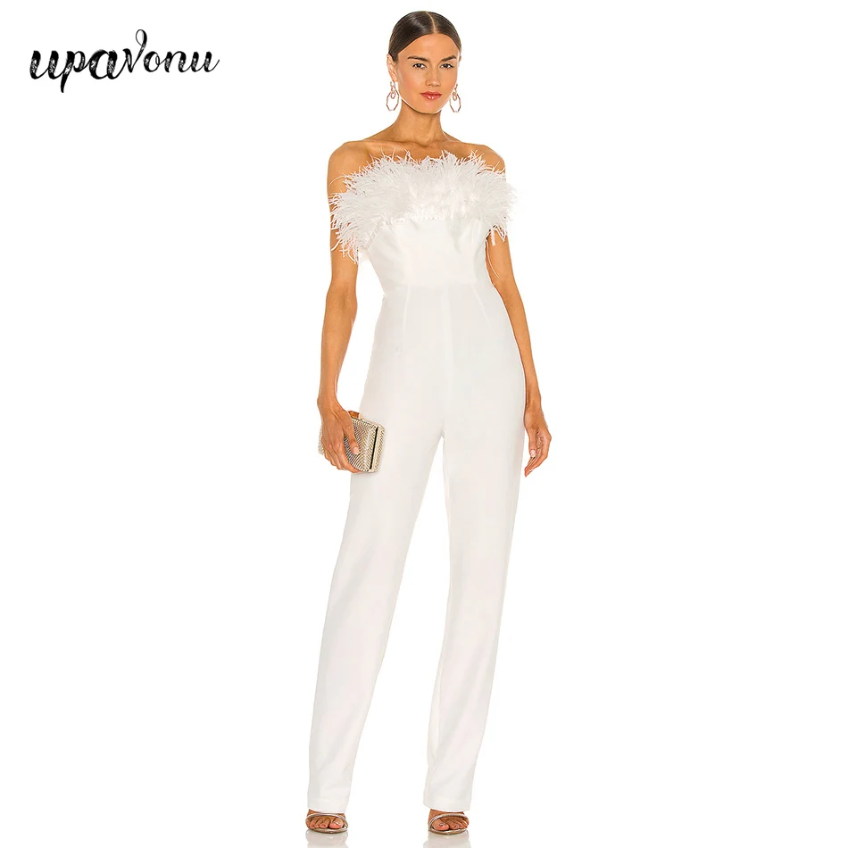 Free Shipping 2022 New Elegant White Jumpsuit Women's Sexy Off Shoulder Wrap Feather Jumpsuit Celebrity Party Straight Jumpsuit