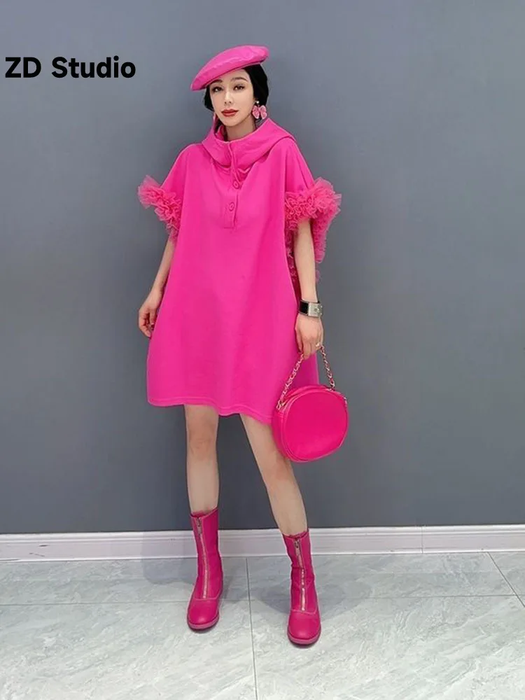 

[ZD Studio] 2023 New Short Sleeve T-shirt Fashion Hooded Mesh Sleeves Loose Cover Belly Loose robe