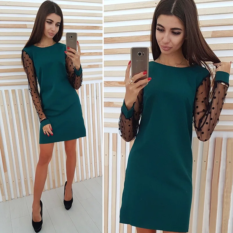 

Fashion Polka Dot Mesh Splicing Dress Women's Casual Straight Long Sleeve Spring And Autumn New