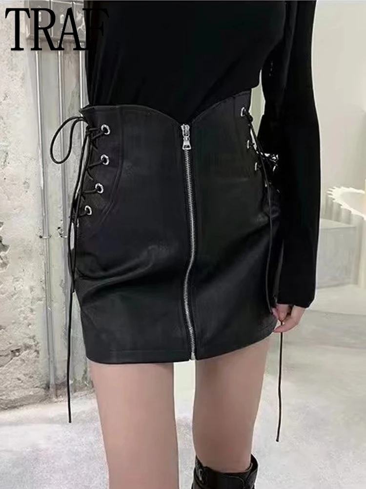 

TRAF Faux Leather Skirt Women Black Zipper Mini Skirts Womens 2022 Drawstring High Waist Woman Skirt Summer Y2K Skirts for Women