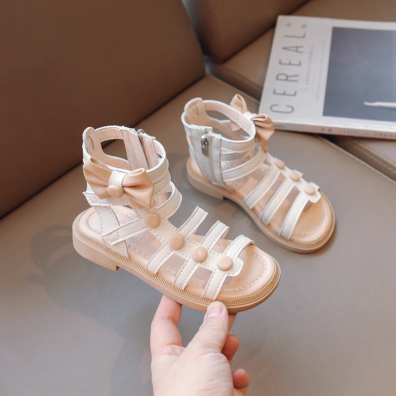 

Children's Sandals for Girls Roman Solid Color Bow Side Zip 2023 New Sweet Princess GLADIATOR Open Toe Summer Kids Breathable