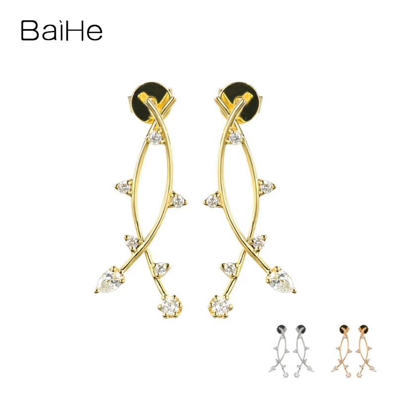 

Серьги-гвоздики BAIHE из настоящего желтого золота 14 к с натуральными бриллиантами H/SI для женщин, модные вечерние ювелирные украшения, серьги