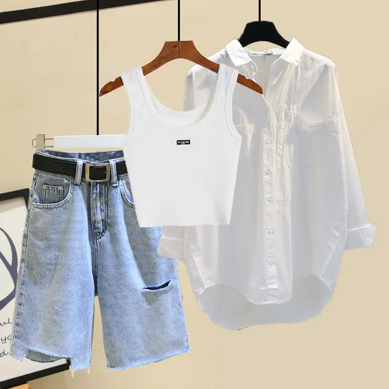 Большой женский летний комплект новинка 2024 Солнцезащитная рубашка с майкой