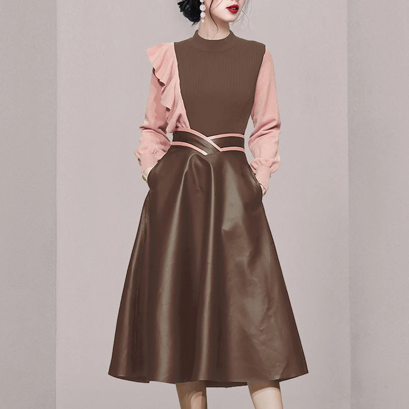 

Runway Fashion Women 2 Piece Set Autumn Winter Pink Hit Color Ruffles Knitted Tops +High Waist PU Leather Pocket Midi Skirt Suit