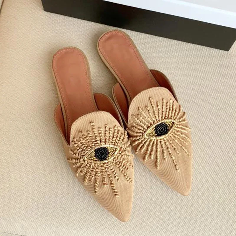 Personalized Pointed Toe Design Women's Slippers 2022 Spring And Summer Beaded Straw Cord Hand Sewn Upper Flat Muller |