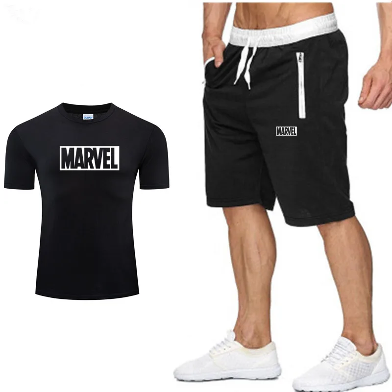 Marvel Letter Men T Shirt+Beach Shorts Sets Summer Sportswear Jogging Pants T-shirt Streetwear Harajuku Cotton Summer Tops
