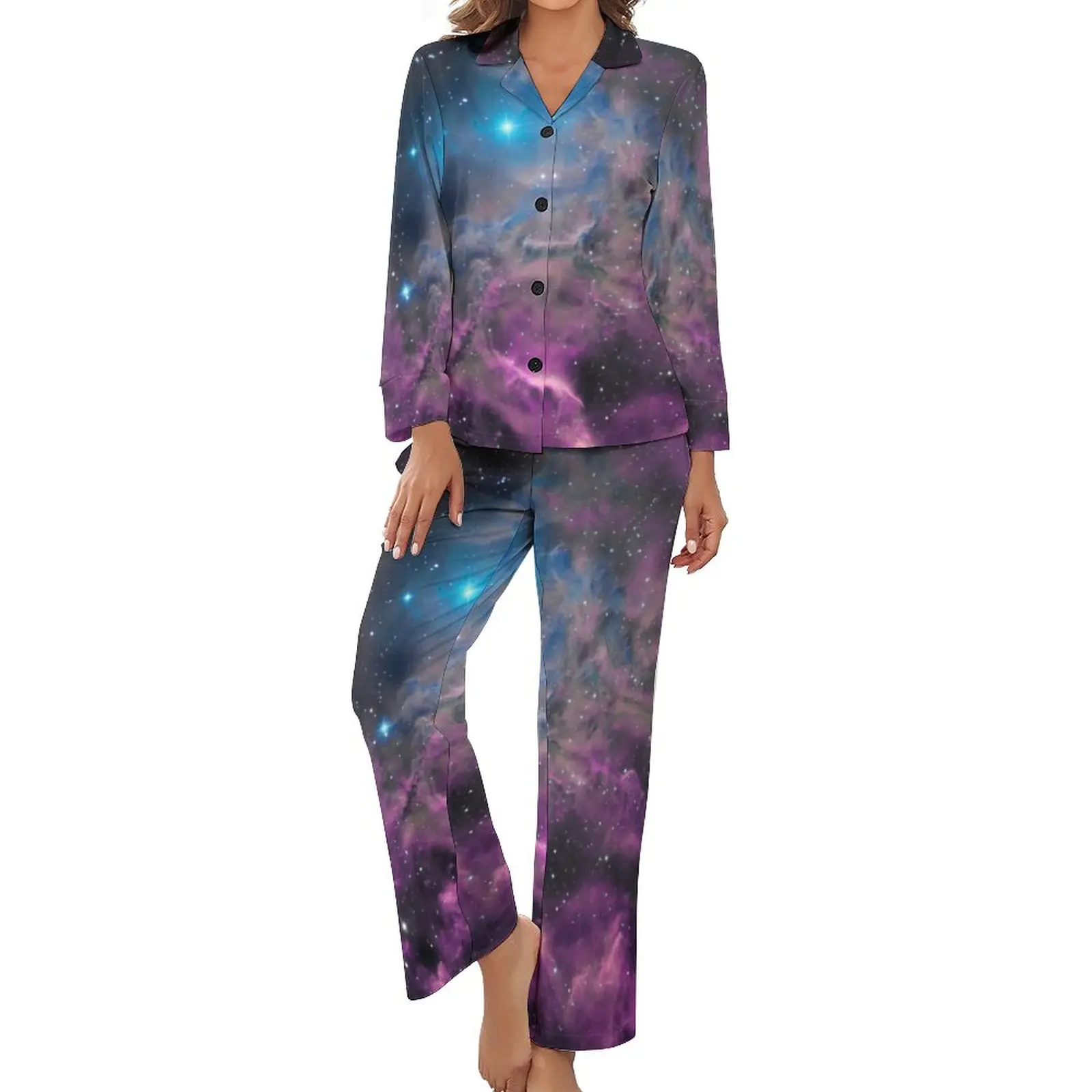 

Cloud Galaxy Pajamas Long Sleeve Flaming Star Nebula Two Piece Aesthetic Pajama Set Women V Neck Warm Home Suit