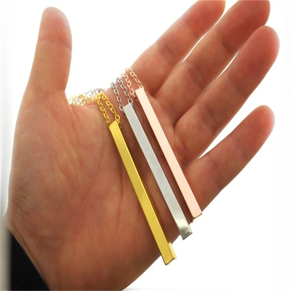 Personalized Custom Necklace Bar Laser Carved Pendant Gold Stainless Steel Necklace Gold Plated Vertical Initial Bar Necklace