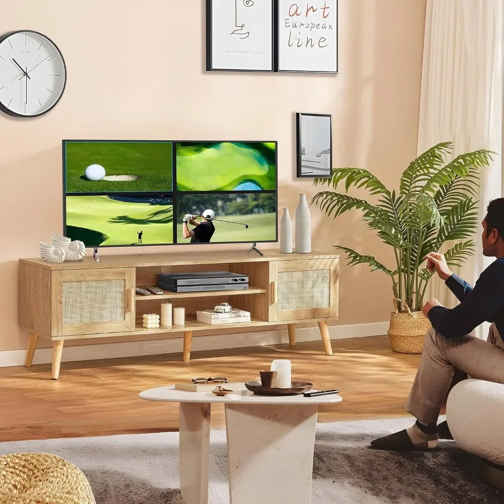 Современная ТВ-подставка Iwell Boho из ротанга среднего века для телевизора 55 65 70