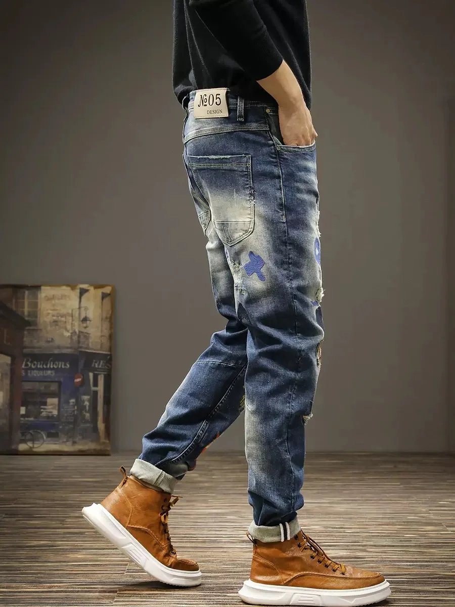 Spring And Summer Embroidered Personality Colorful Slim-Fit Jeans Men'S Ripped Patch Light-Colored Youth Long Trousers Trendy
