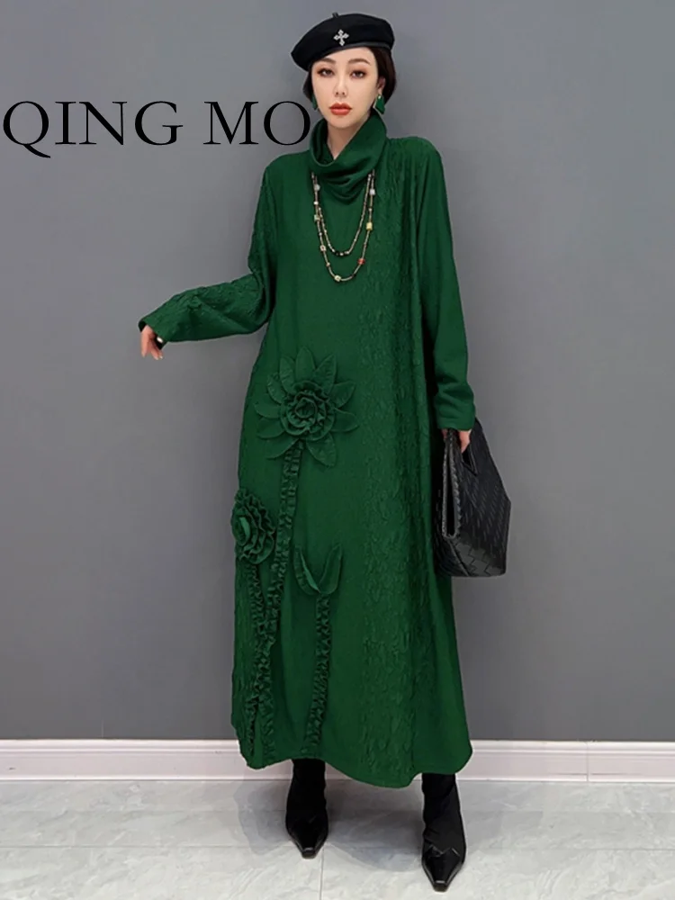 

QING MO 2023 Winter New Korean Fashion Trend Knitted High Neck Dress Women Streetwear Female Appliques Dresses ZXF065