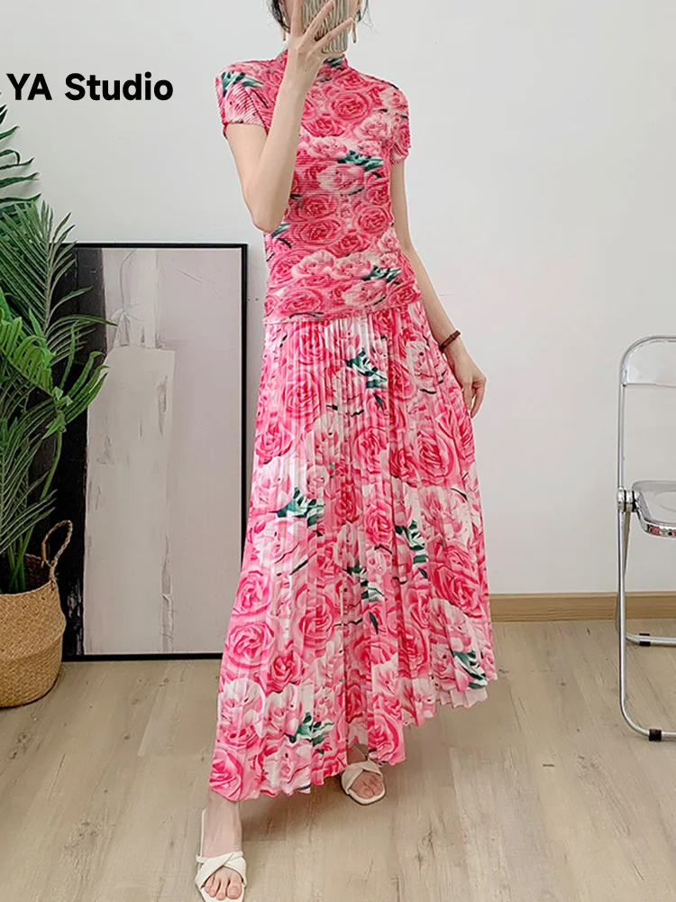 

[YA Studio] Pleated Sets For Women Printed Flowers Round Neck Short Slim Tops High Waist Fold Skirts Female 2 Pieces Set