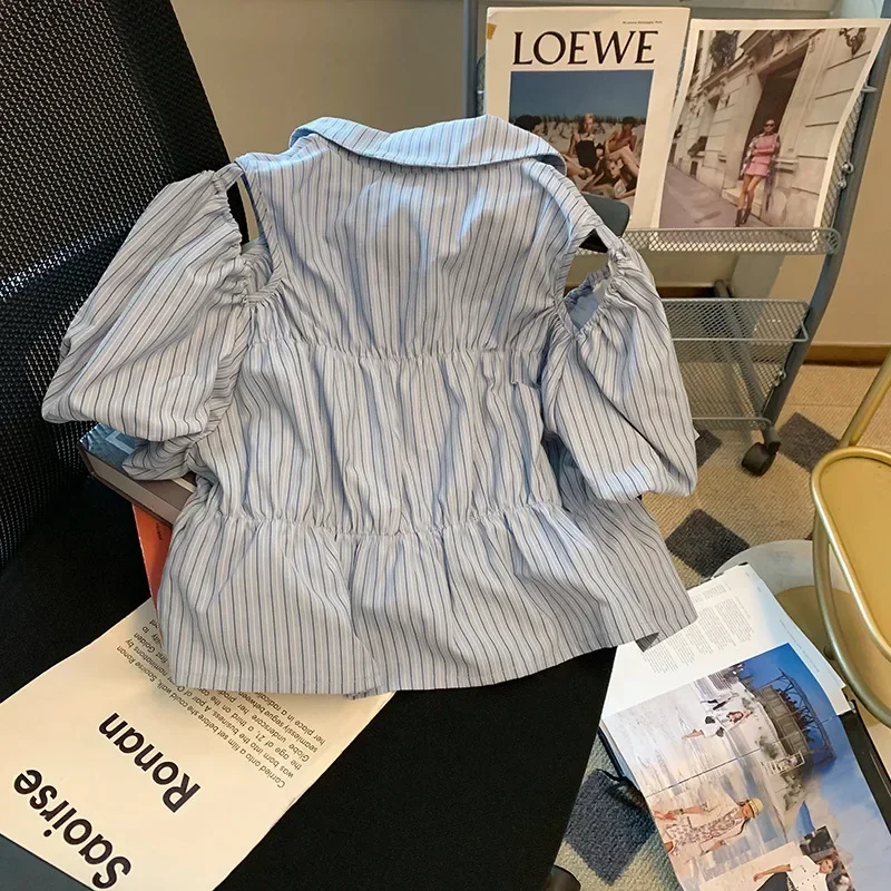 Женская рубашка в стиле пэчворк синюю полоску с бантом лето 2023 французская