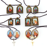 2set various shapes catholic necklaces simple rope chain with virgin jesus photo plastic pendant random pattern cross pendant