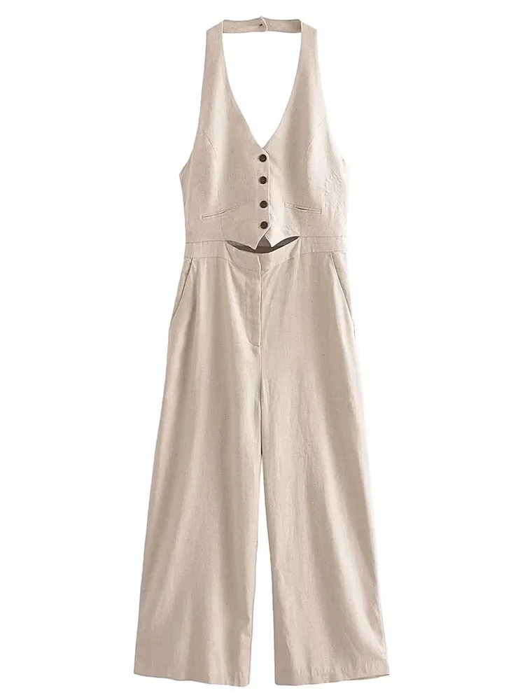 

Женский комбинезон на пуговицах, с поясом и V-образным вырезом